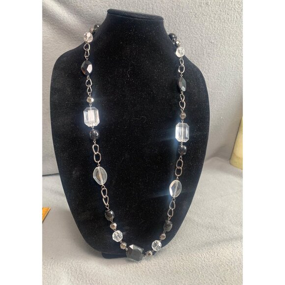 Black & Clear Beaded Necklace with Lobster Clasp 34" - Picture 1 of 8